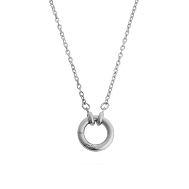 Silver necklace with a circular pendant on a white background
