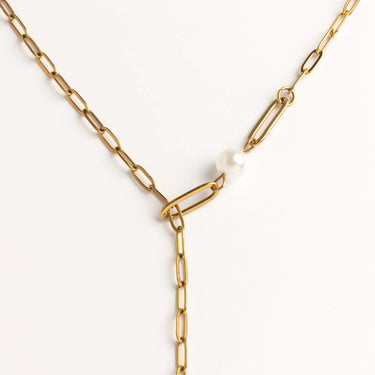 18K Gold PVD Stainless Steel Paperclip Pearl Y Necklace- gold studio 