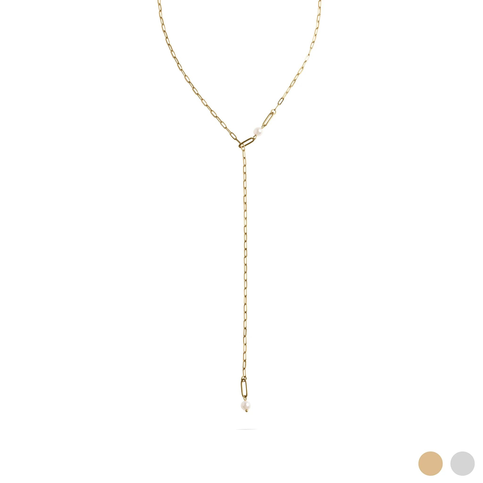 Gold lariat necklace on a white background