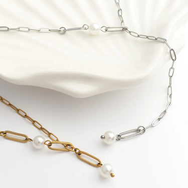 18K Gold PVD Stainless Steel Paperclip Pearl Y Necklace- gold and silver studio 