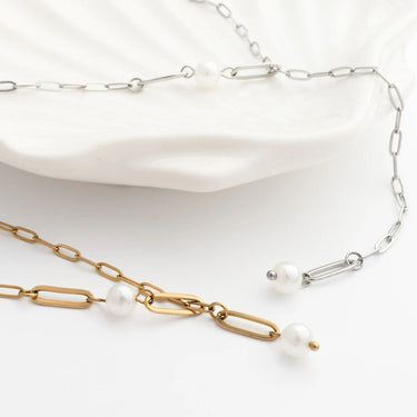 18K Gold PVD Stainless Steel Paperclip Pearl Y Necklace- gold and silver studio 