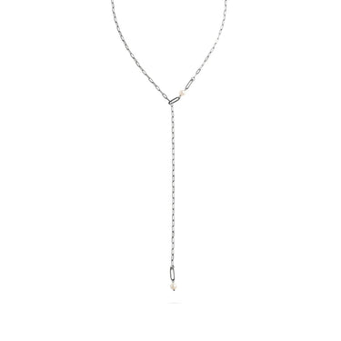 Silver lariat necklace on a white background