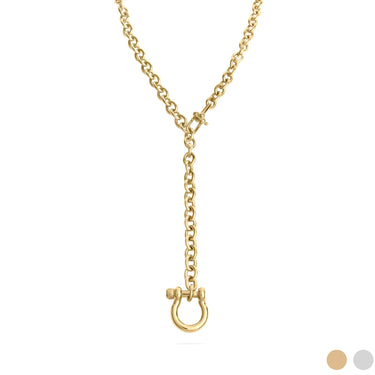 Gold Y Necklace with Horse shoe Carabiner with a clasp on a white background