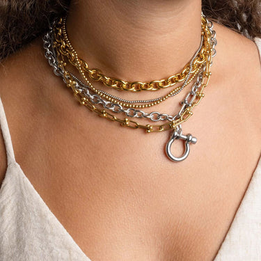 18K Gold PVD Stainless Steel Y Necklace with Horse shoe Carabiner- silver model 
