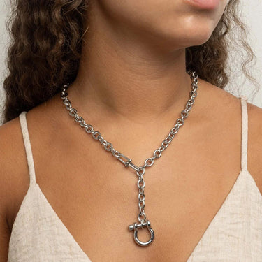 18K Gold PVD Stainless Steel Y Necklace with Horse shoe Carabiner- silver model 