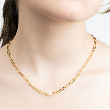 Gold Paperclip Necklace With Pearl 