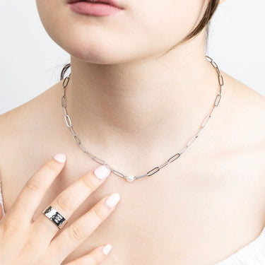Silver Paperclip Necklace With Pearl 