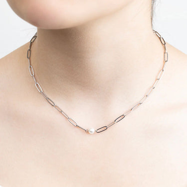 Silver Paperclip Necklace With Pearl 