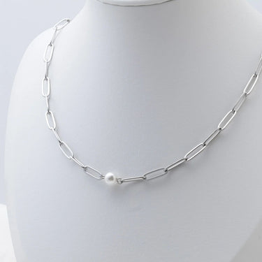 Silver Paperclip Necklace With Pearl 