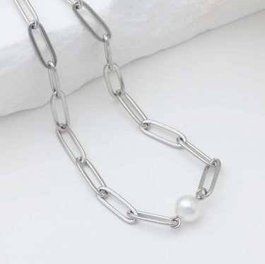 Silver Paperclip Necklace With Pearl 