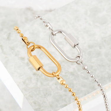 Wholesale jewelry 18K Gold PVD Stainless Steel Beaded Carabiner Necklace - stainless and gold studio 