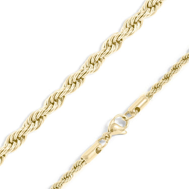 Gold rope chain necklace on a white background