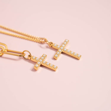 18K Gold PVD Stainless Steel Pearl Cross Charm