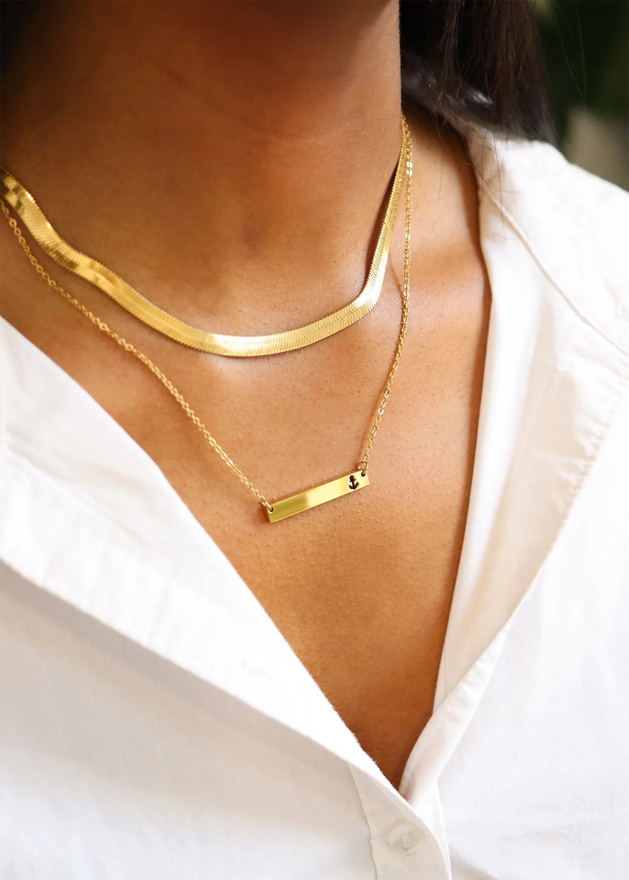 Anchor Cutout Horizontal Stainless Steel Bar Necklace Lifestyle