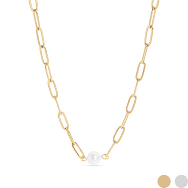18K Gold PVD Edelstahlpapierklammer Halskette mit Perle/CHN9956