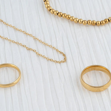 Wholesale Jewelry 14K Gold Filled Plus Satellite Chain Necklace- Studio collection shot with bracelet and rings
