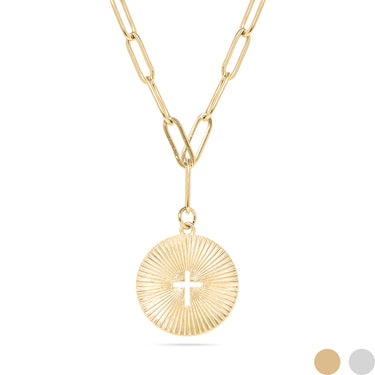 18K Gold PVD Edelstahl Sunburst Cross Paper Clip Anhänger Halskette/CHN9968
