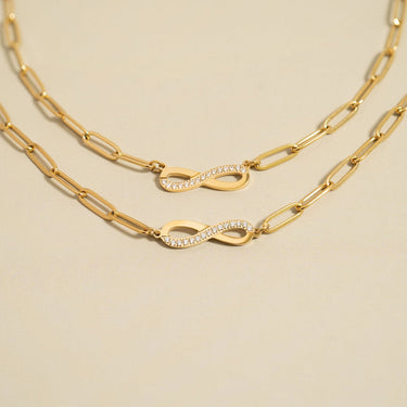 18K Gold PVD Stainless Steel Stone  infinity Paperclip Chain Necklace Lifestyle