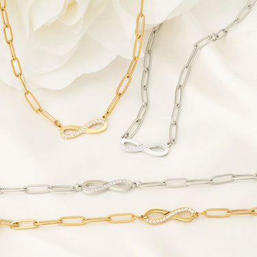 Wholesale jewelry 18K Gold PVD Stainless Steel Stone "Infinity" Paperclip Chain Necklace- gold and stainless studio 