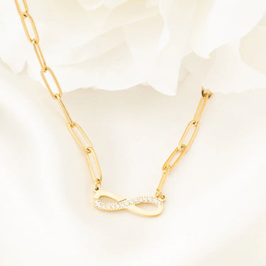 Wholesale jewelry 18K Gold PVD Stainless Steel Stone "Infinity" Paperclip Chain Necklace- gold studio 