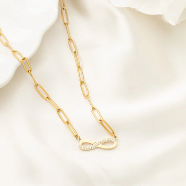Wholesale jewelry 18K Gold PVD Stainless Steel Stone "Infinity" Paperclip Chain Necklace- gold studio 