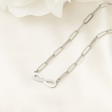 Wholesale jewelry 18K Gold PVD Stainless Steel Stone "Infinity" Paperclip Chain Necklace- stainless studio 