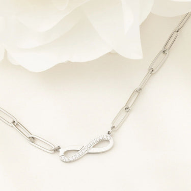Wholesale jewelry 18K Gold PVD Stainless Steel Stone "Infinity" Paperclip Chain Necklace- stainless studio 
