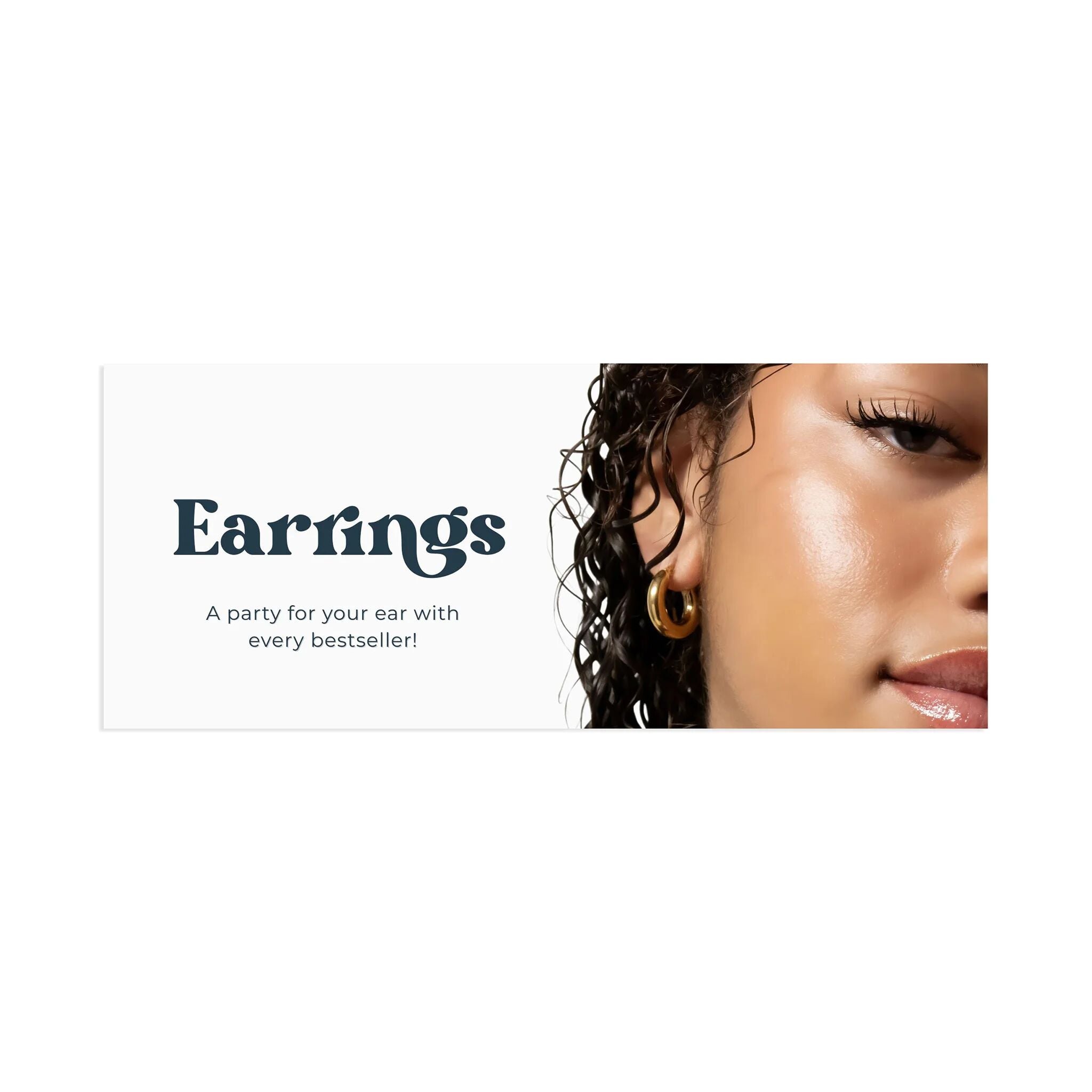 Earrings advertisement with a close-up of an ear wearing an earring on a white background.