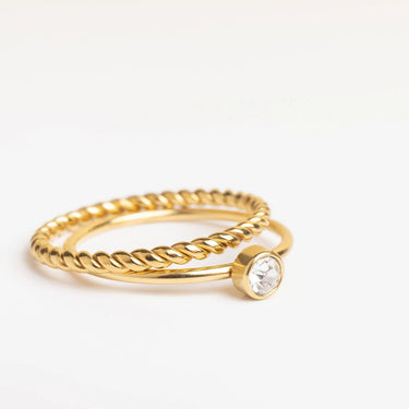Gold ring with a small diamond on a white background