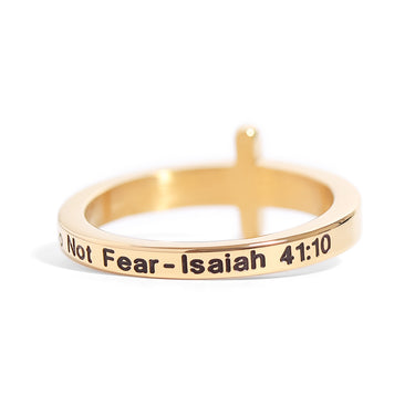 18K Gold PVD Stainless Steel Cross CZ Stone Engraved Stacking Ring isaiah 4:10