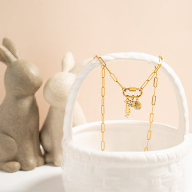 18K Gold PVD Stainless Steel Carabiner Faith Charm Paperclip Necklace