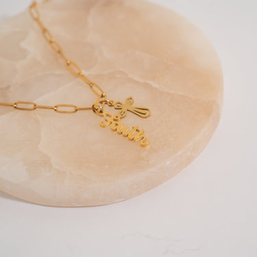 Faith Charm with Cross Charm on Paperclip Necklace