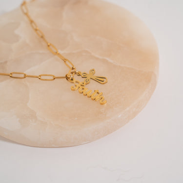 Faith Charm with Cross Charm on Paperclip Necklace