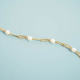 Stainless Steel Paperclip Chain and Pearl Station Necklace