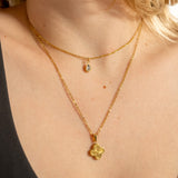 Sunburst Gold Clover Charm layered with birthstone charm necklace