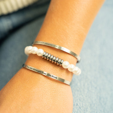 8mm Kiska Glass Pearl Stretch Bracelet with a couple bangle bracelets