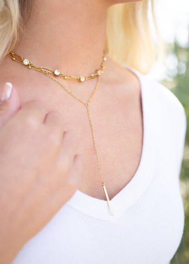 Double Chain Lariat Drop Bar necklace Lifestyle