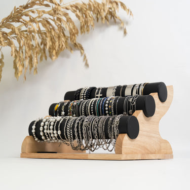 Natural Wood & Leather 3 Tier Bracelet Display