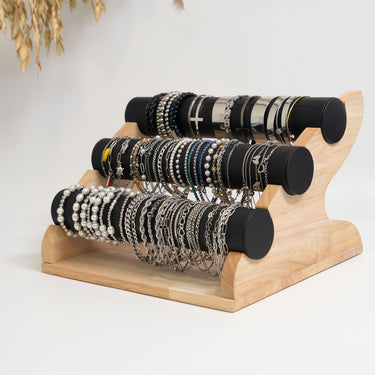 Natural Wood & Leather 3 Tier Bracelet Display