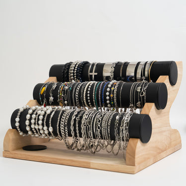 Natural Wood & Leather 3 Tier Bracelet Display