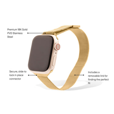 Gold mesh smartwatch with features highlighted on a white background