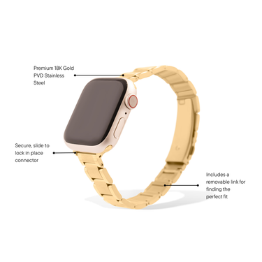 Gold watch band with text highlighting features on a white background