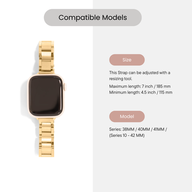 Gold smartwatch strap with compatibility information on a white background