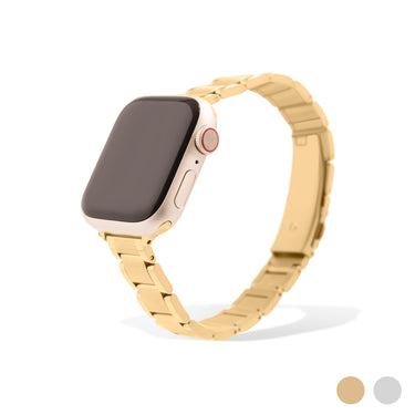 Gold watch band on a smartwatch with a white background