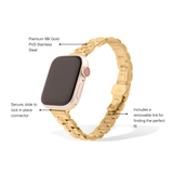 Gold watch band with text highlighting features on a white background