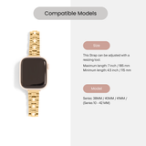 Gold watch strap with compatibility information on a white background
