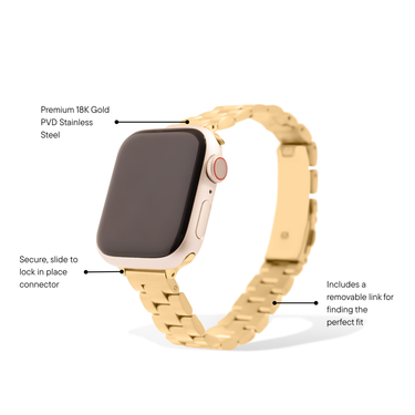 Gold watch band with text highlighting features on a white background