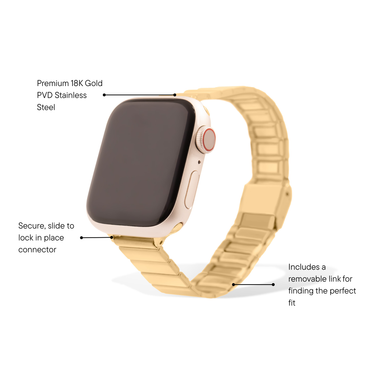 Gold watch band with text highlighting features on a white background