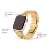 Gold watch band with text highlighting features on a white background