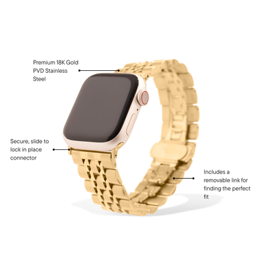 Gold watch band with text highlighting features on a white background